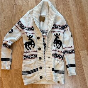 Women’s wool Cream Shawl Collar Cardigan with Reindeer Pattern